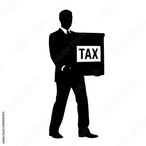 Businessman silhouette carrying a heavy box labeled with the word TAX, symbolizing financial burden or responsibility.