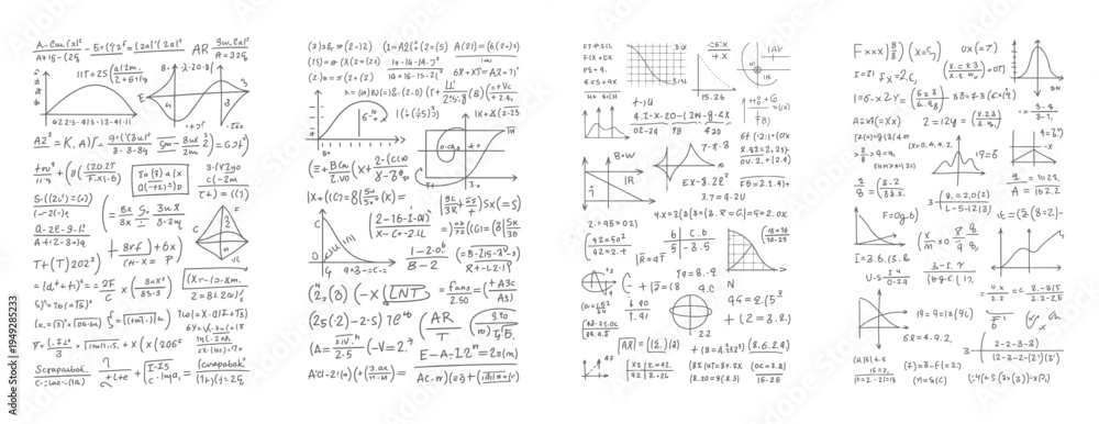 Obraz premium Handwritten mathematical equations and graphs on a white background with various formulas and diagrams