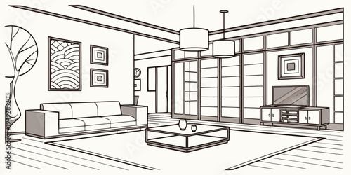 A spacious living room with a fireplace and a large window overlooking a garden.