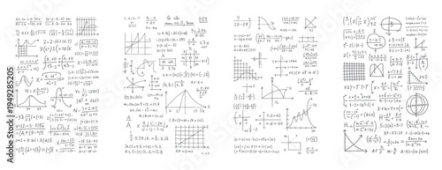Handwritten mathematical equations and graphs on a white background mathematics formulas