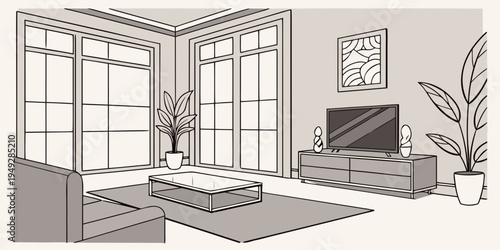 A cozy living room with large windows and a television set.