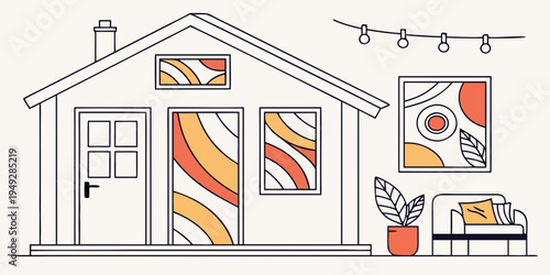 A charming house with vibrant curtains and a cozy outdoor seating area