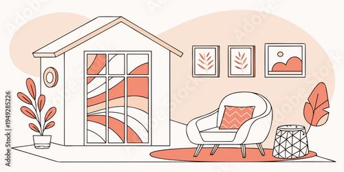 A cozy living room with a large window and comfortable furniture