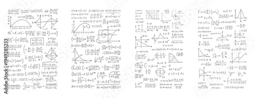 Handwritten mathematical equations and graphs on a white background with various formulas and diagrams