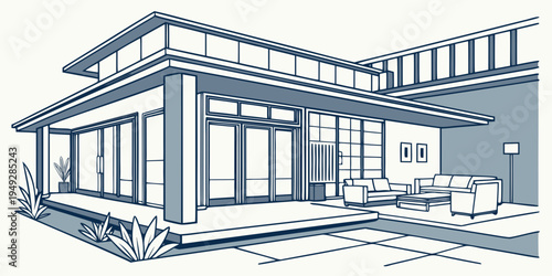 Modern architectural design of a house with large windows and outdoor furniture