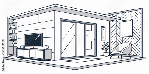 Modern living room with large windows and a cozy fireplace