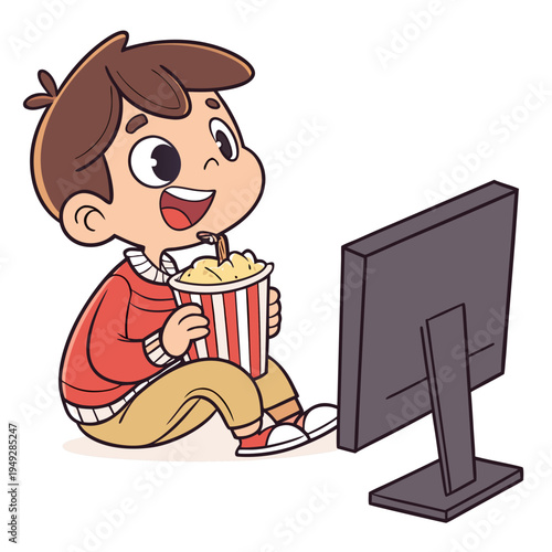 Vector illustration of a happy boy watching TV and eating popcorn