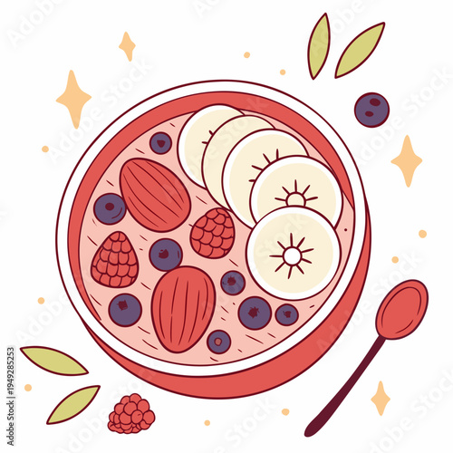Vector illustration of a bowl of oatmeal with fruit and nuts