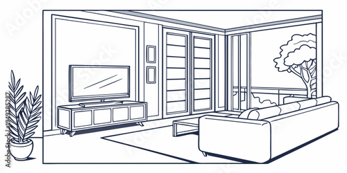 A spacious living room with a large window and a cozy seating area.