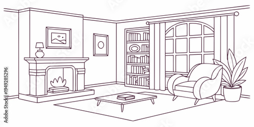 A cozy living room with a fireplace and large windows overlooking a garden.