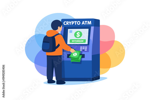 Man uses crypto ATM to withdraw digital currency.