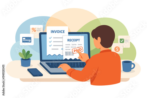 Person paying invoice and receipt on laptop screen.