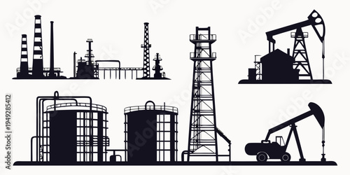 A diverse collection of industrial equipment and facilities in black and white