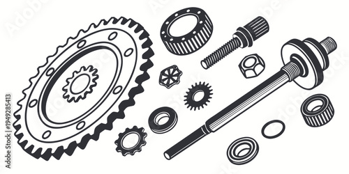 A detailed view of various automotive timing belt components and parts.