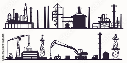 Diverse industrial equipment and machinery in a black and white illustration