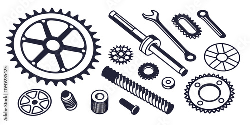 A variety of mechanical parts and gears displayed in a detailed illustration