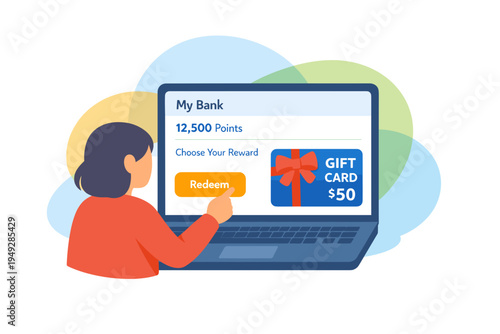 Woman redeeming loyalty points for a gift card on a laptop.