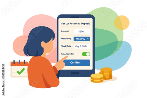 Woman uses mobile app for recurring payment setup with coins and calendar.