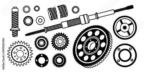 Assorted mechanical parts and components displayed in black and white.