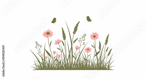 Pink Flowers in Grass.