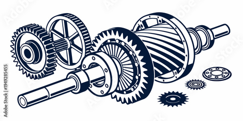 Close-up view of various mechanical gears and tools on a workbench
