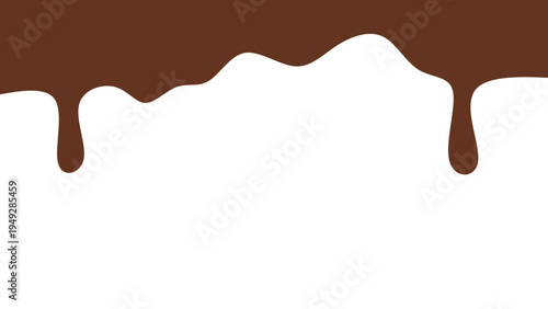 Melted chocolate or syrup drips isolated on a white background. Flowing liquid chocolate border element. A sweet brown syrup or sauce that melts and drips.