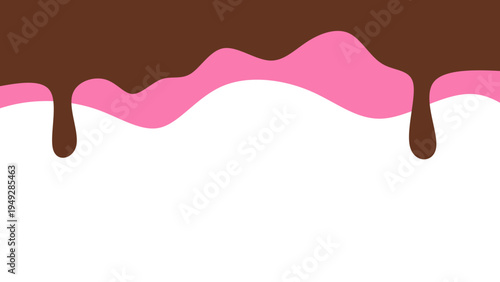 Sweet melting chocolate and pink strawberry icing glaze background. Melted syrup or dripping liquid sauce. Minimalist sweet chocolate and strawberry pink background. Minimalist wavy background.