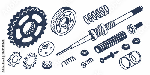 Assorted mechanical parts and components displayed in a detailed illustration