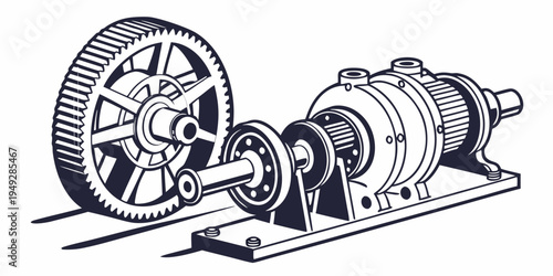 A detailed illustration of industrial gears and mechanical components on a workbench.