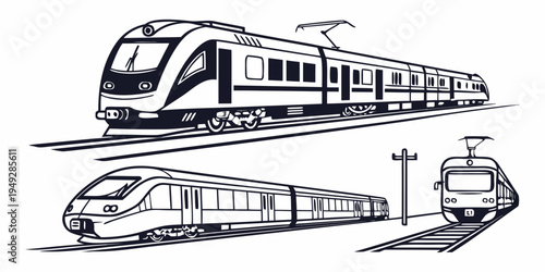 A detailed illustration showcasing various types of trains, including a modern high-speed train and a classic locomotive.