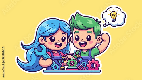 Two children playing with colorful toy blocks excitedly on a table