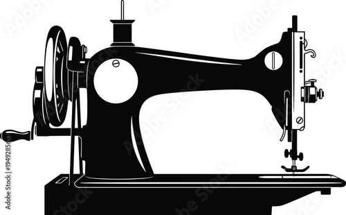Vintage sewing machine silhouette illustration, antique mechanical design with hand crank, wheel and needle, historical craftsmanship, retro sewing technology vector artwork