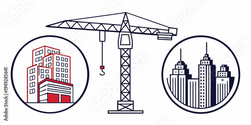 A construction crane towering over a cityscape with buildings in various stages of completion