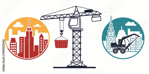Illustration of construction industry with city, crane, and roadwork
