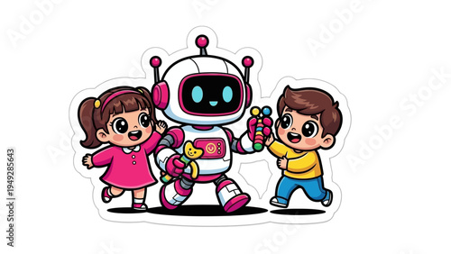 Children play with happy robot outdoors in a fun scene