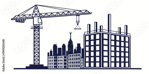 A bustling construction site with a towering crane and buildings under construction.