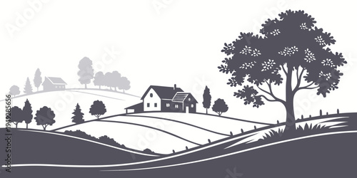 A serene countryside landscape with a house nestled among rolling hills and trees.