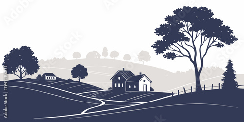 A serene countryside landscape with a winding road and a small house