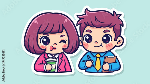A cartoon illustration of a smiling woman and man holding coffee cups