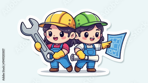 Two cartoon workers with tools and blueprint standing together outdoors