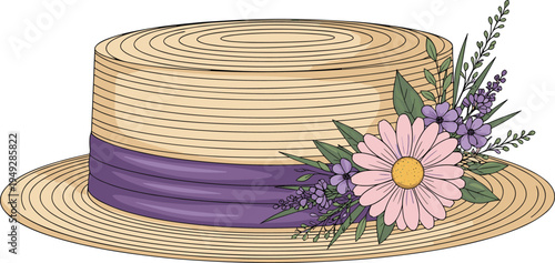 Vintage straw boater hat vector illustration with purple ribbon, floral decoration, pink daisy, summer fashion accessory, botanical artwork design