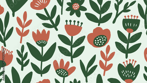 Vibrant floral pattern featuring blooming Plants, colorful Flowers, lush Leaves, artistic Illustrations, and natural Elements on a decorative surface