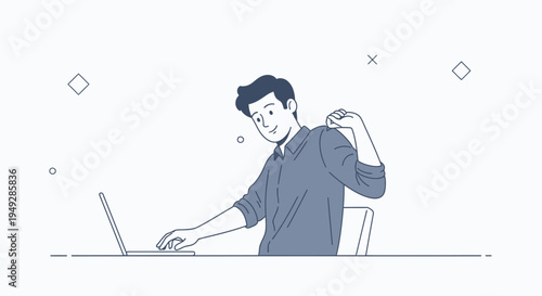 Young man stretching at desk while working on laptop, feeling refreshed and productive