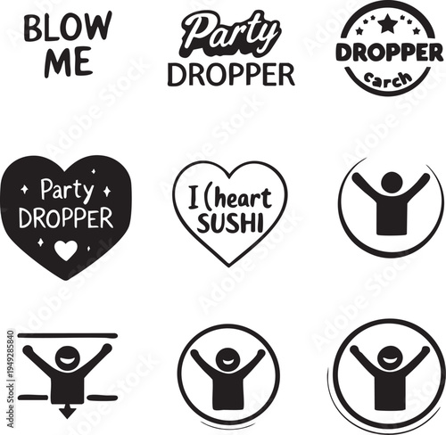 Black vector graphics of party dropper icons and phrases on white background for design