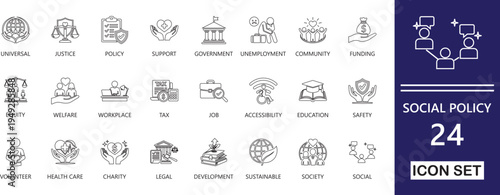 editable line icon set for social policy, welfare , charity, disability, services, and inclusive community governance. Modern, clean, and scalable design.
