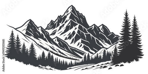 Majestic mountain range with dense forest and snow-capped peaks