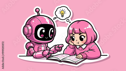 A robot and girl interact with a book on a table indoors