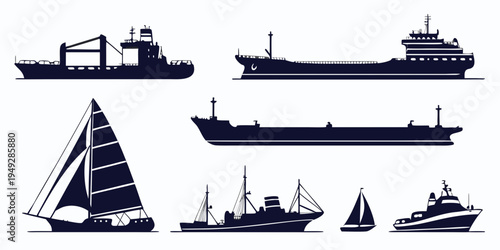 Diverse collection of various types of boats and ships in silhouette style