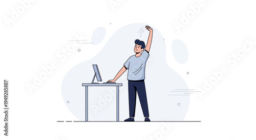 Man stretching at standing desk, work-life balance, healthy office, remote work