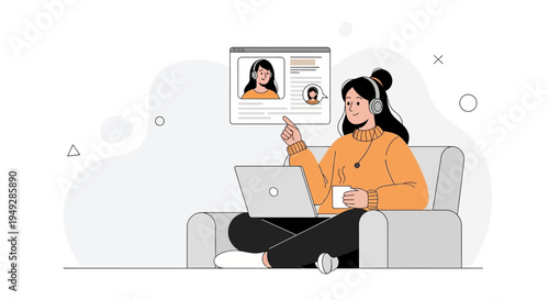 Woman with headphones on couch video calling on laptop, remote work concept